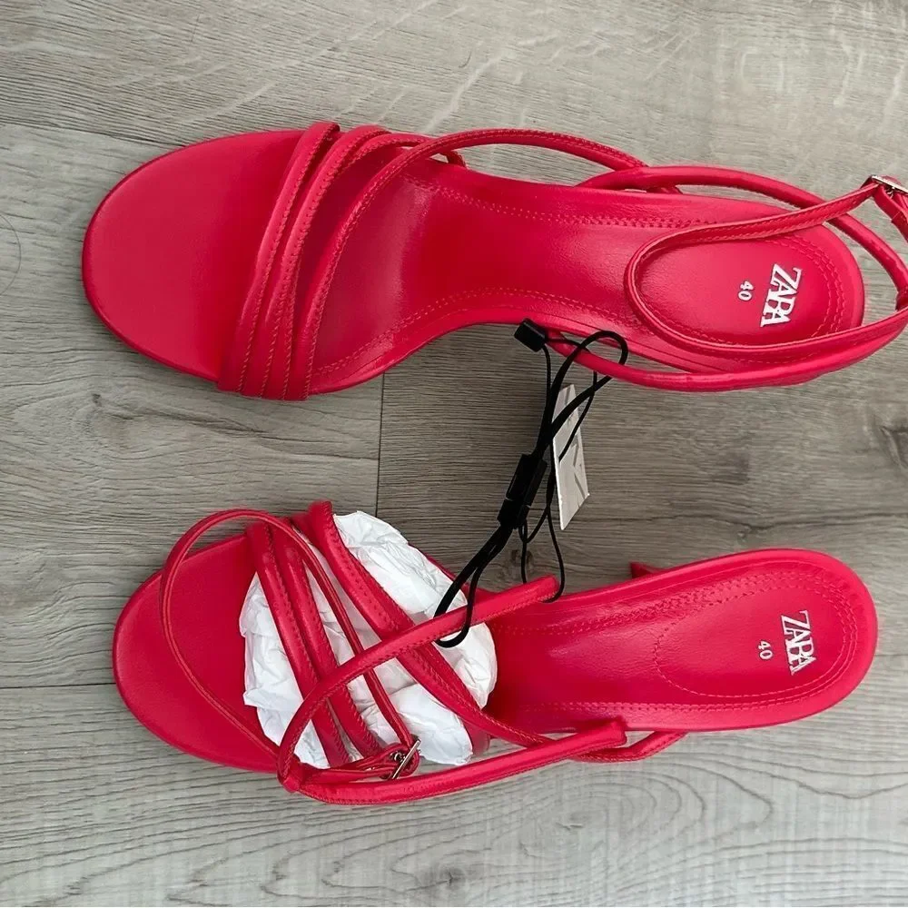 Zara Coral Red High Heeled Strap Sandals - Picture 12 of 15